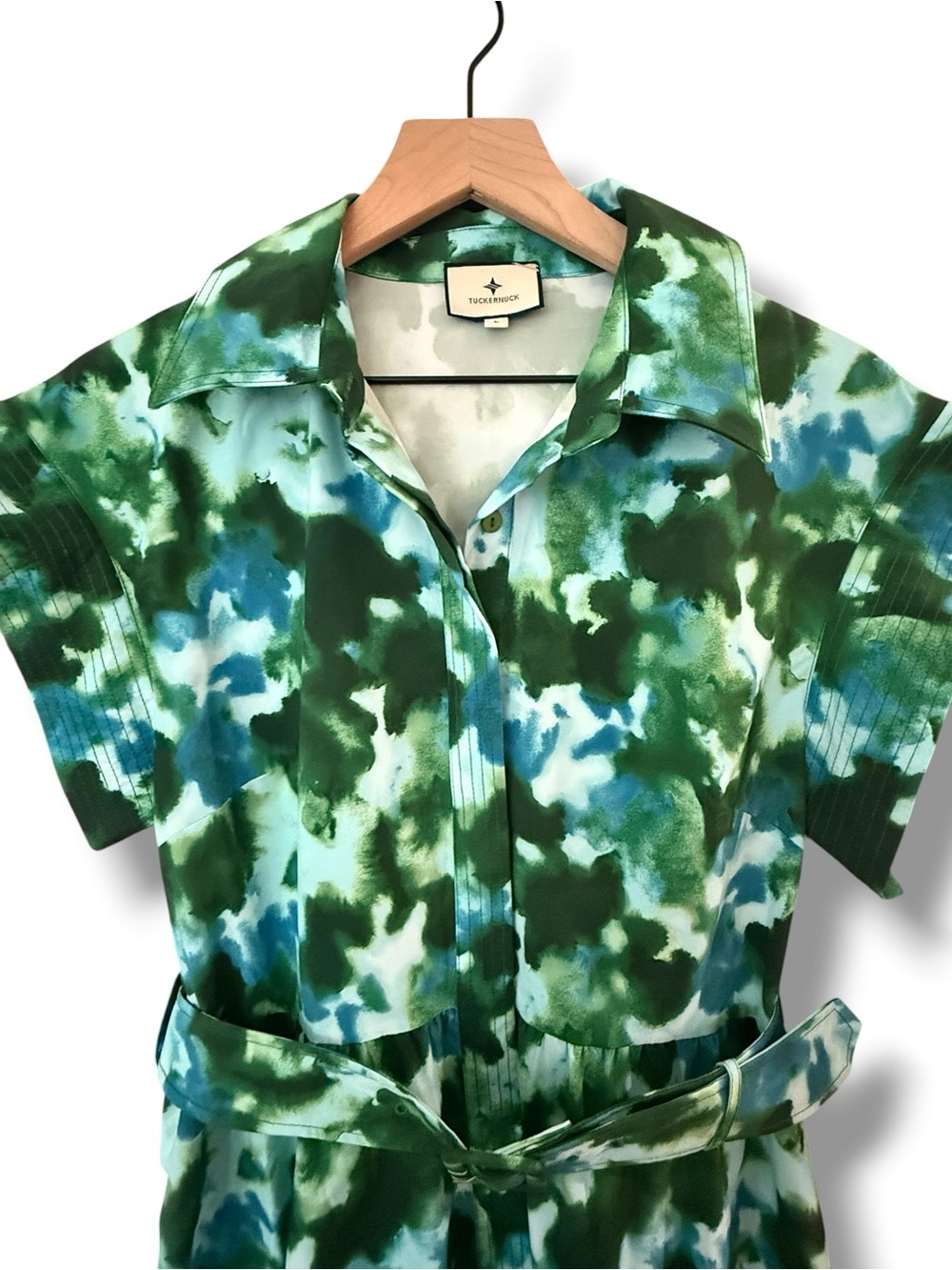 Tuckernuck Chloe Dress Deep Lagoon‎ Belted Midi Short Sleeve Blue Green Preppy L - Picture 10 of 13